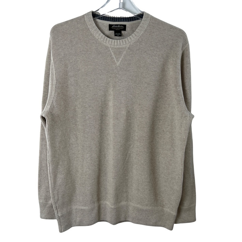 Eddie Bauer Rib Knit Beige 100% Cotton Oversized Crewneck Pullover Dad Sweater